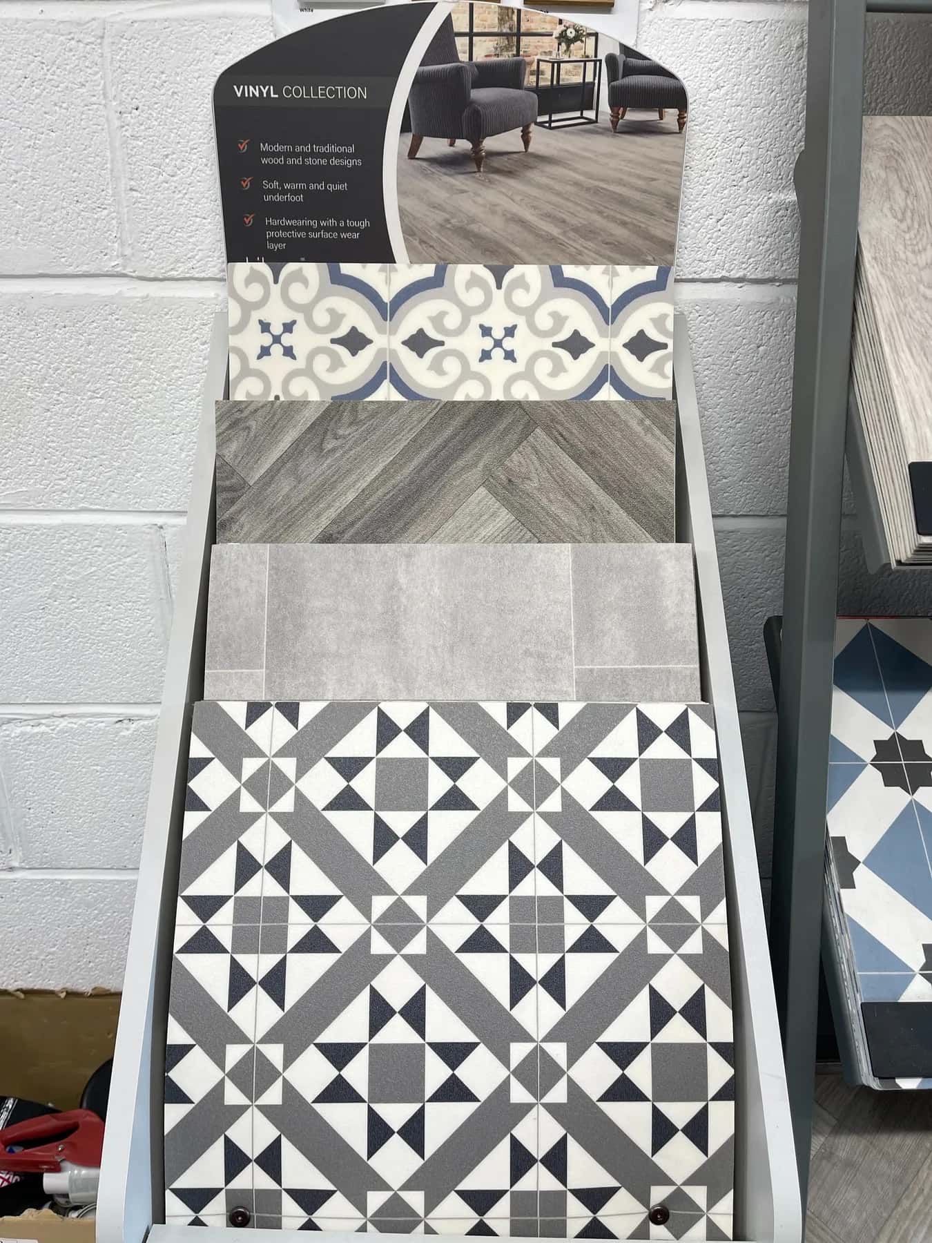 Vinyl sample panels on a display stand in the showroom