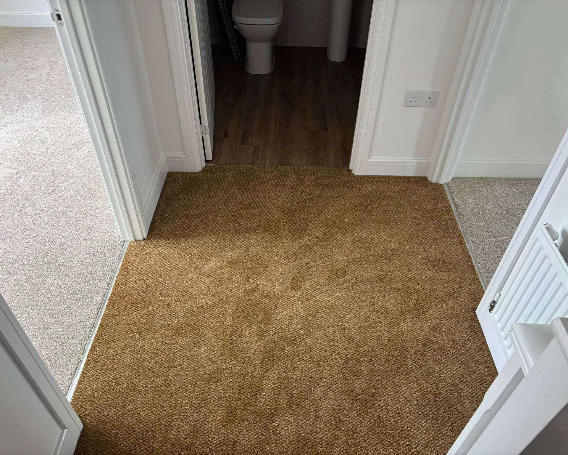 Warm gold carpet fitted through a hallway and doorway, seamed flat at the threshold