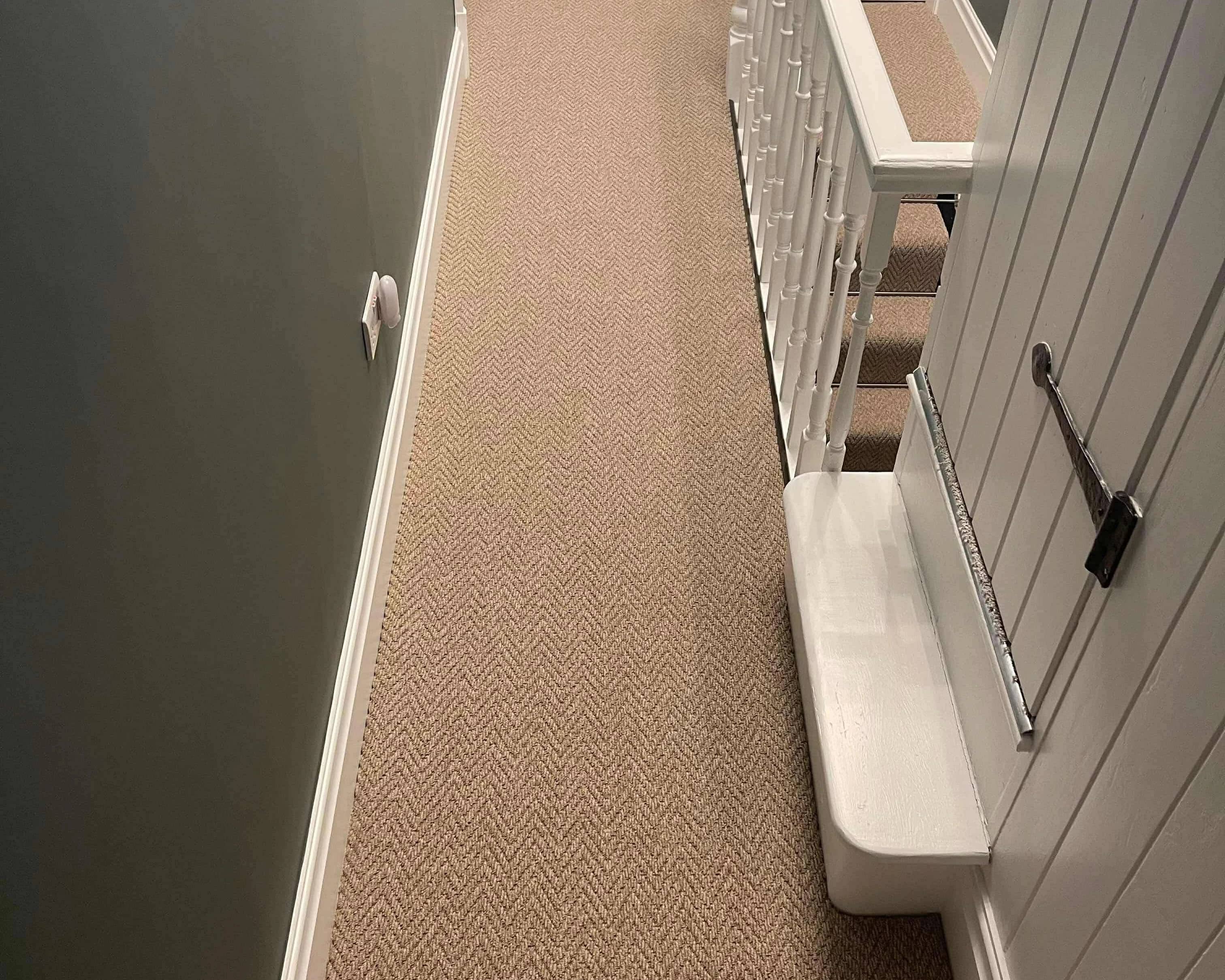 Carpet fitted the length of a paneled hallway up to the foot of the stairs