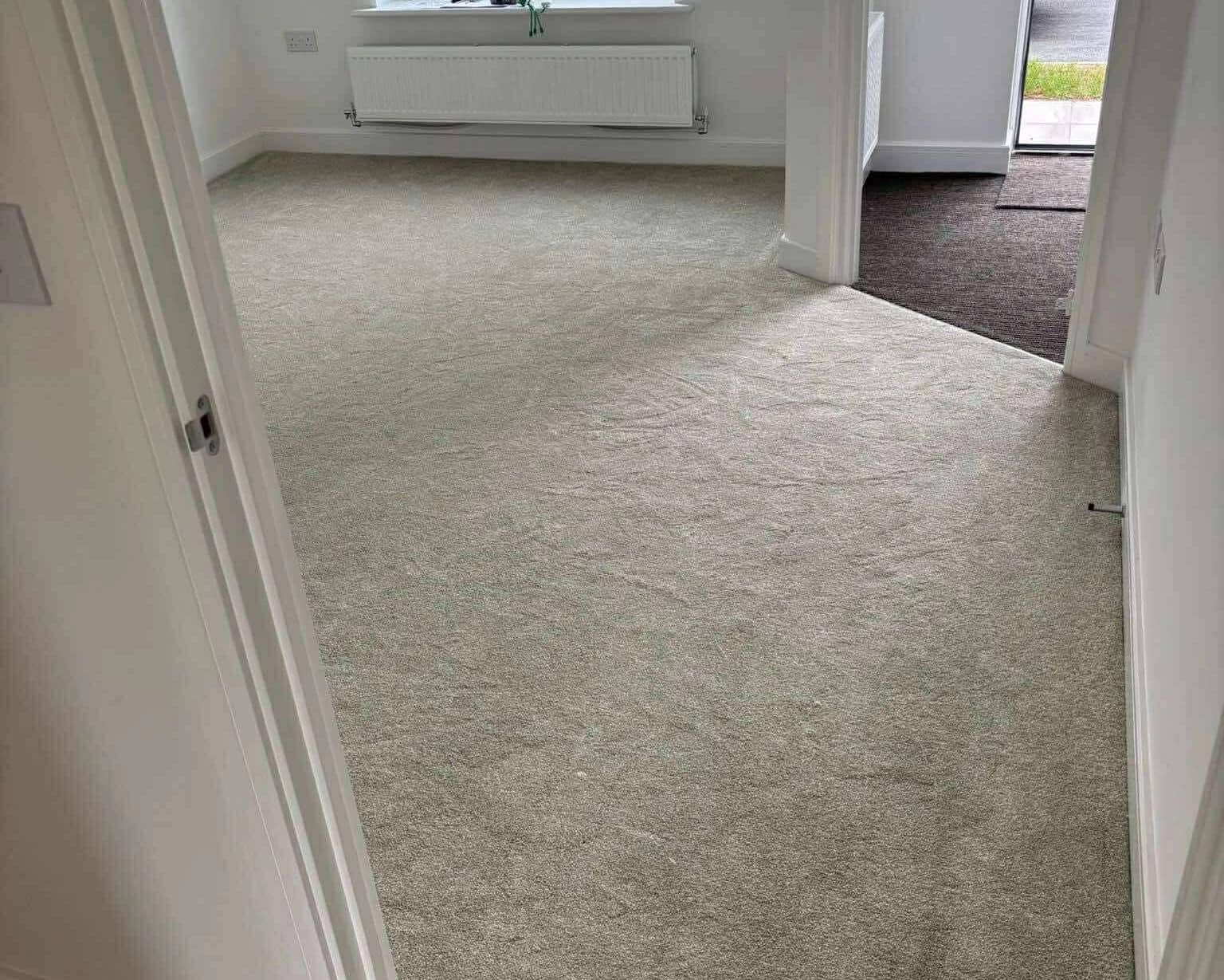 Light carpet fitted through a room and on through the doorway beyond