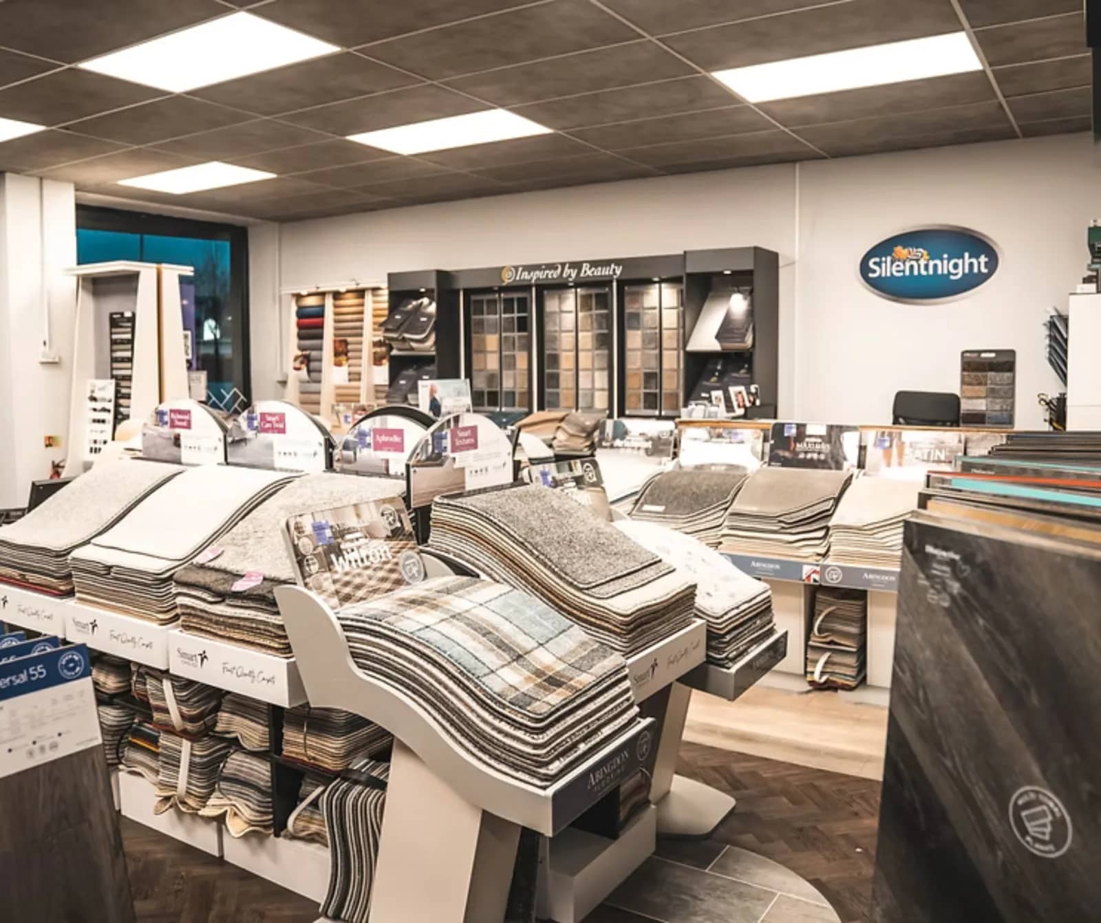 Carpet sample stands on the showroom floor
