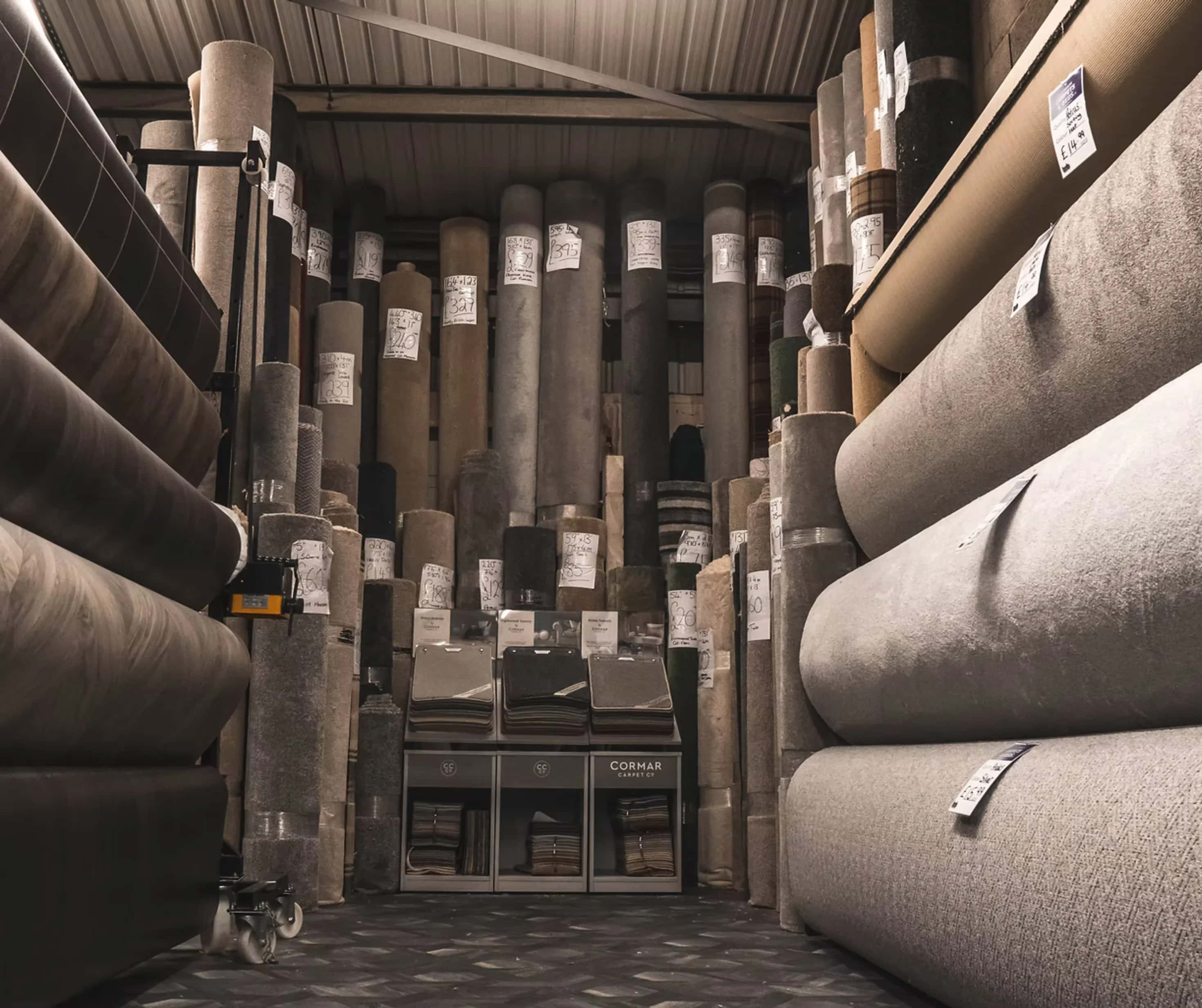 Rolls of carpet in the stockroom