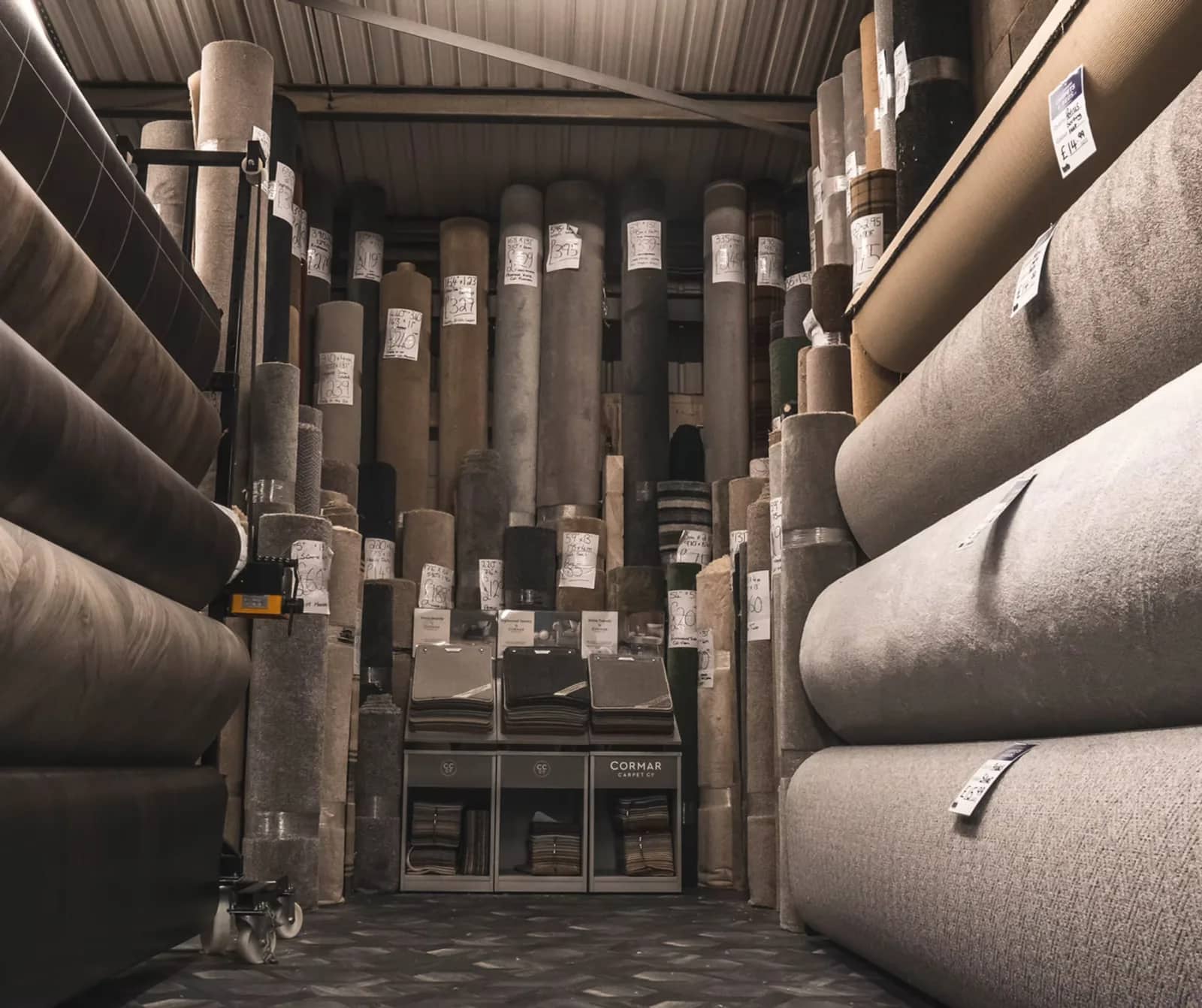 Rolls of carpet in the stockroom