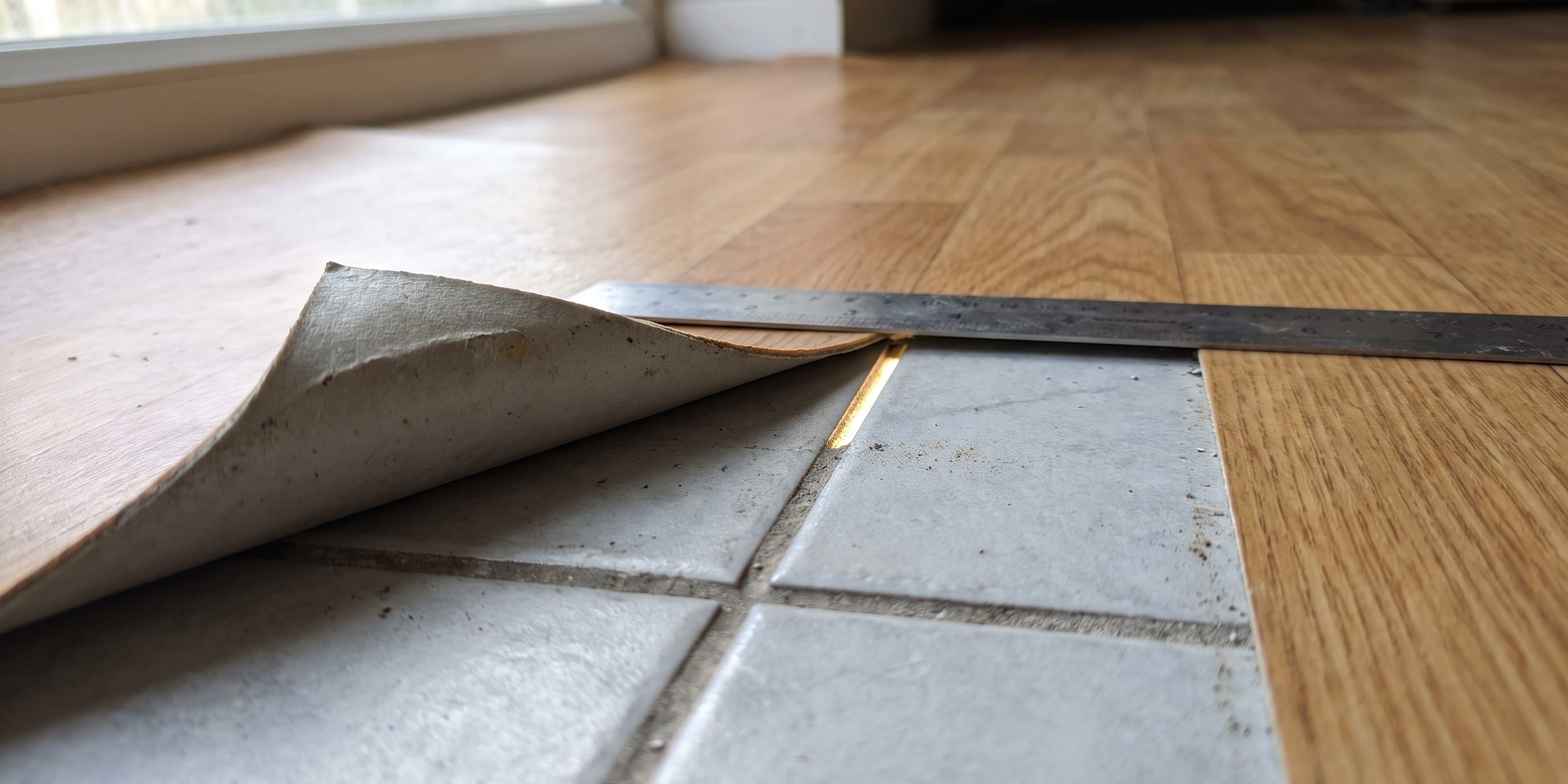 A metal ruler lies across the seam between ceramic tile flooring and wood-look vinyl planks, with a corner of the vinyl peeled back to expose the tile underneath.
