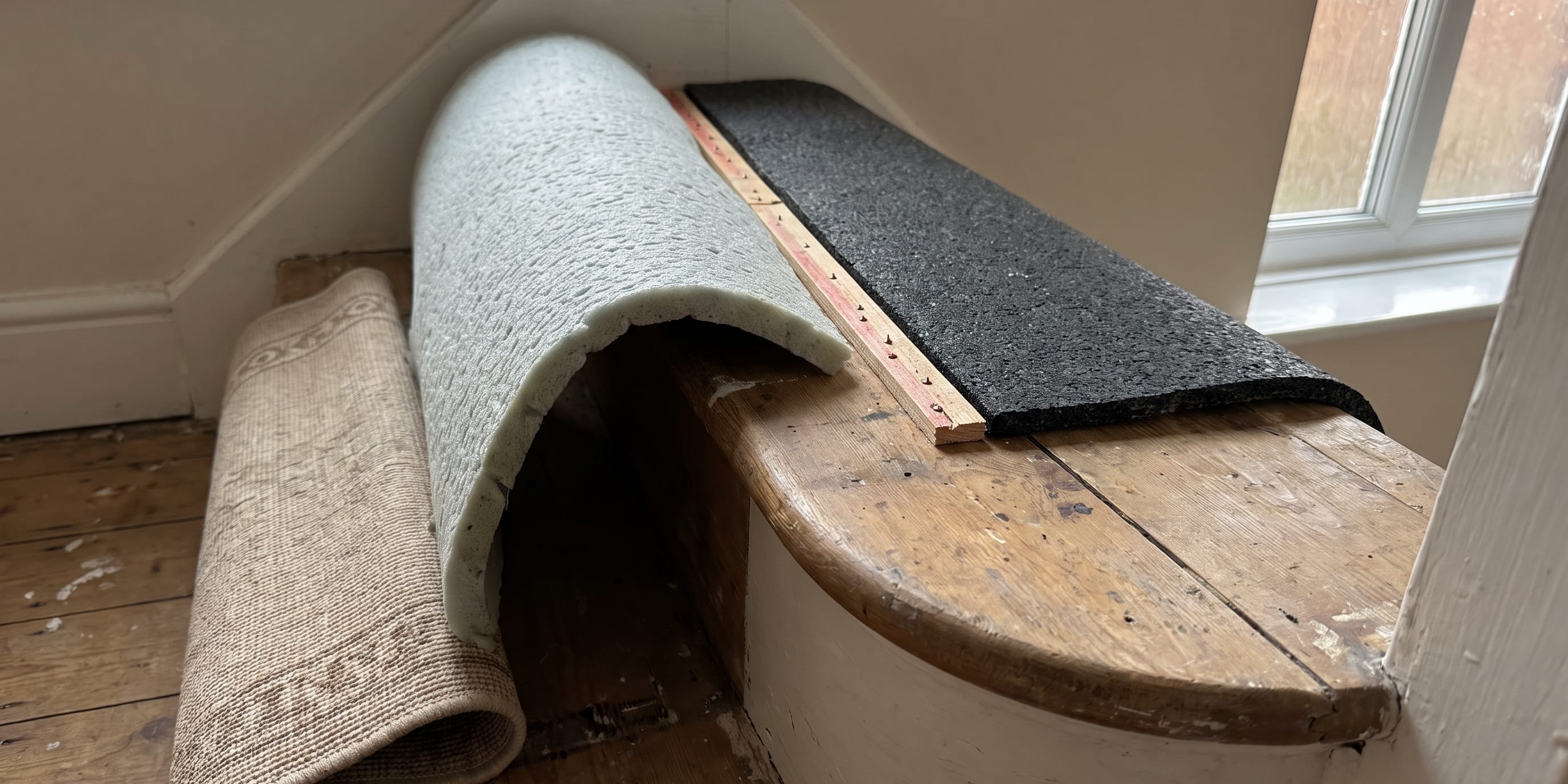 A wooden staircase mid-fit showing two types of underlay at the same stair edge: a thick foam piece that bulges away from the curved nosing, and a thinner denser underlay beside it that sits flush against the edge, with a strip of yellow carpet gripper visible along the tread and a partly rolled stair runner nearby.