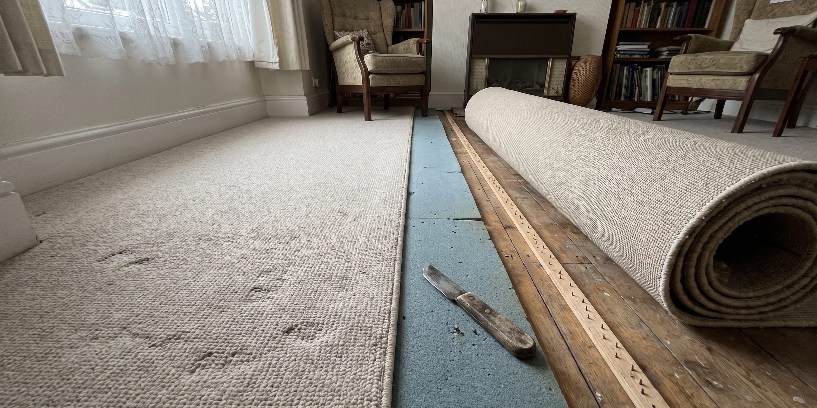 A lounge floor where carpet is fitted smoothly on one half of the room while the other half remains rolled back, revealing blue-grey underlay, bare floorboards, a trimming knife and a strip of gripper rod at the boundary between the two.