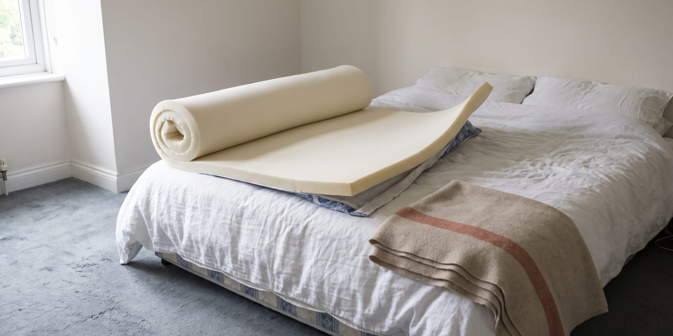 A cream-colored memory foam mattress topper is partially unrolled on a bed made up with white linens, with a striped blanket folded nearby in a bedroom with a window.