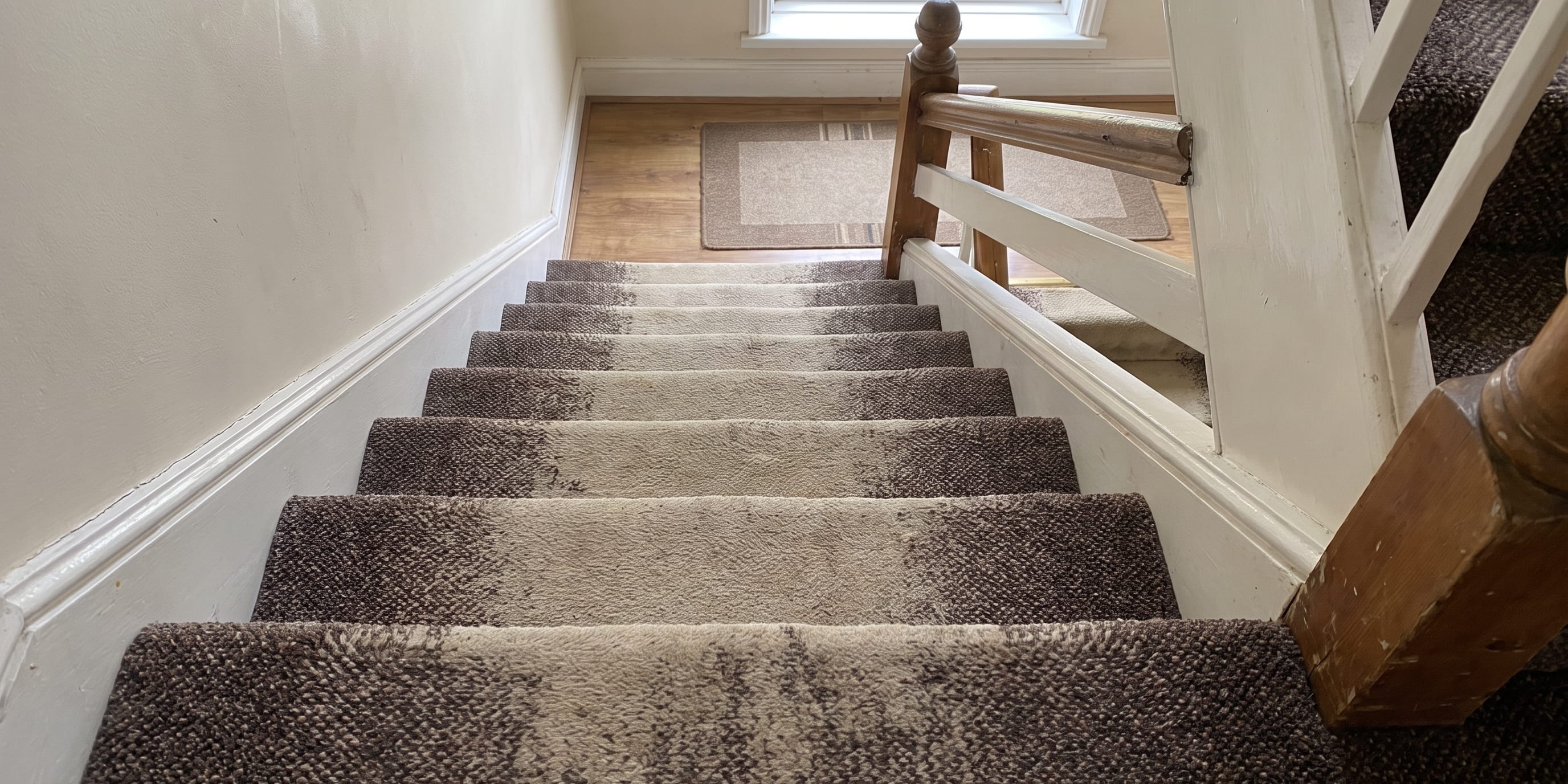 A staircase fitted with brown and beige patterned carpet, showing a lighter worn strip down the centre, leading up to a white painted banister and a window at the top.