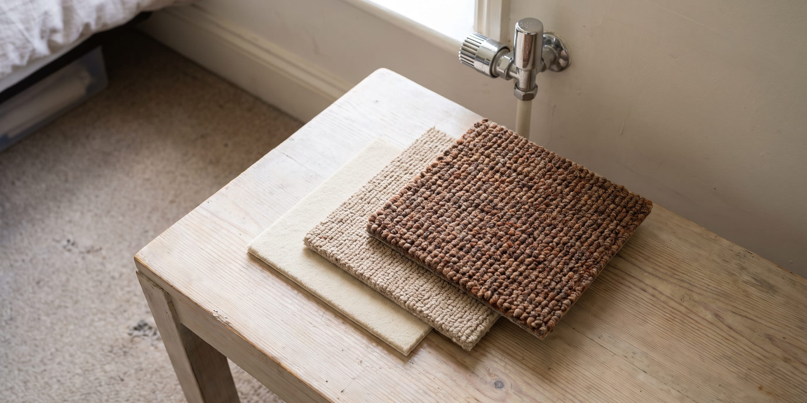 Three carpet sample squares in cream, beige and brown stacked on a wooden side table beside a window with a radiator valve visible, a bed in the background.