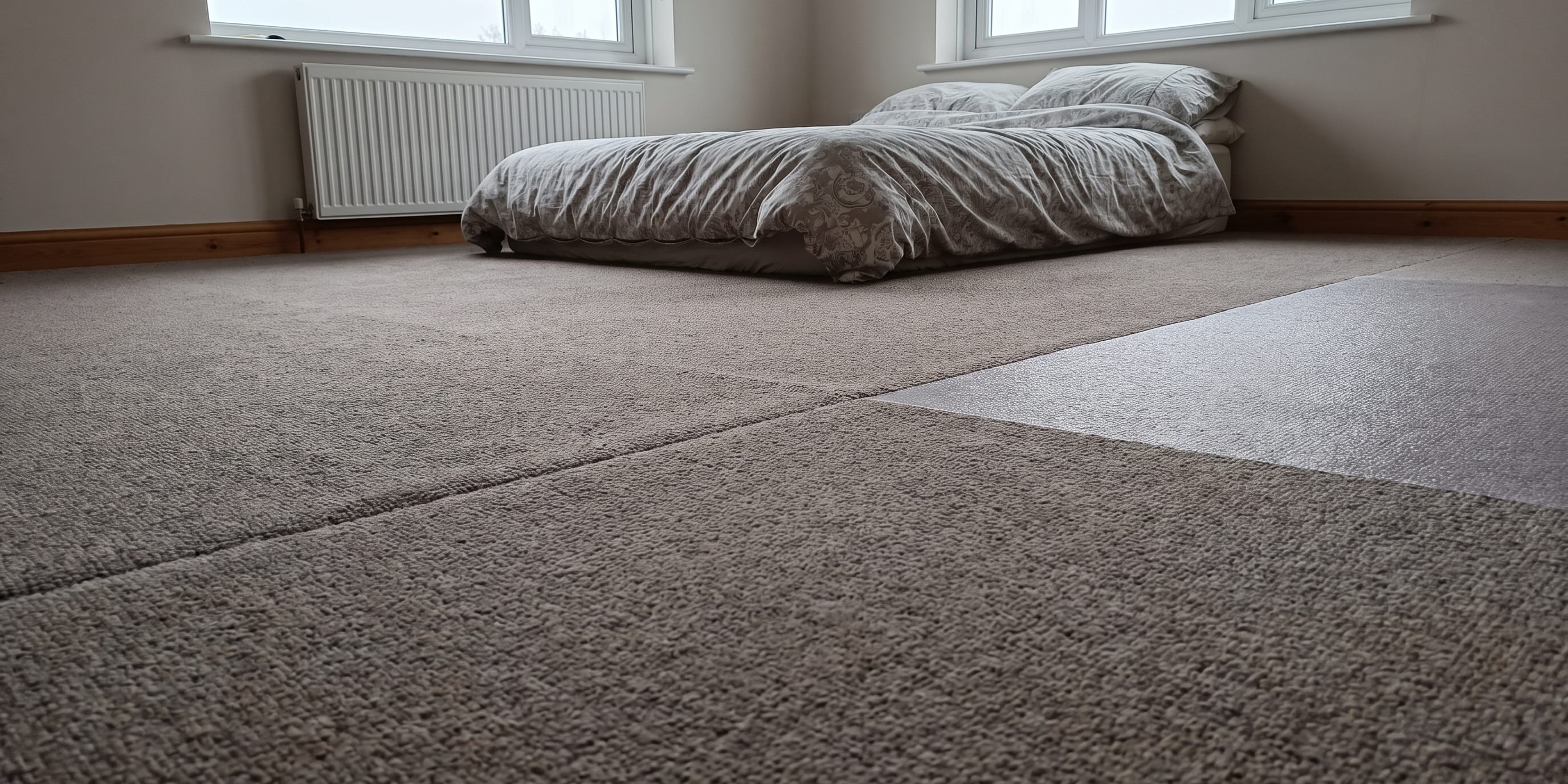 A bedroom with a mattress and pillows on the floor, two windows, a radiator, and a carpeted floor showing a visible seam between two different carpet textures.