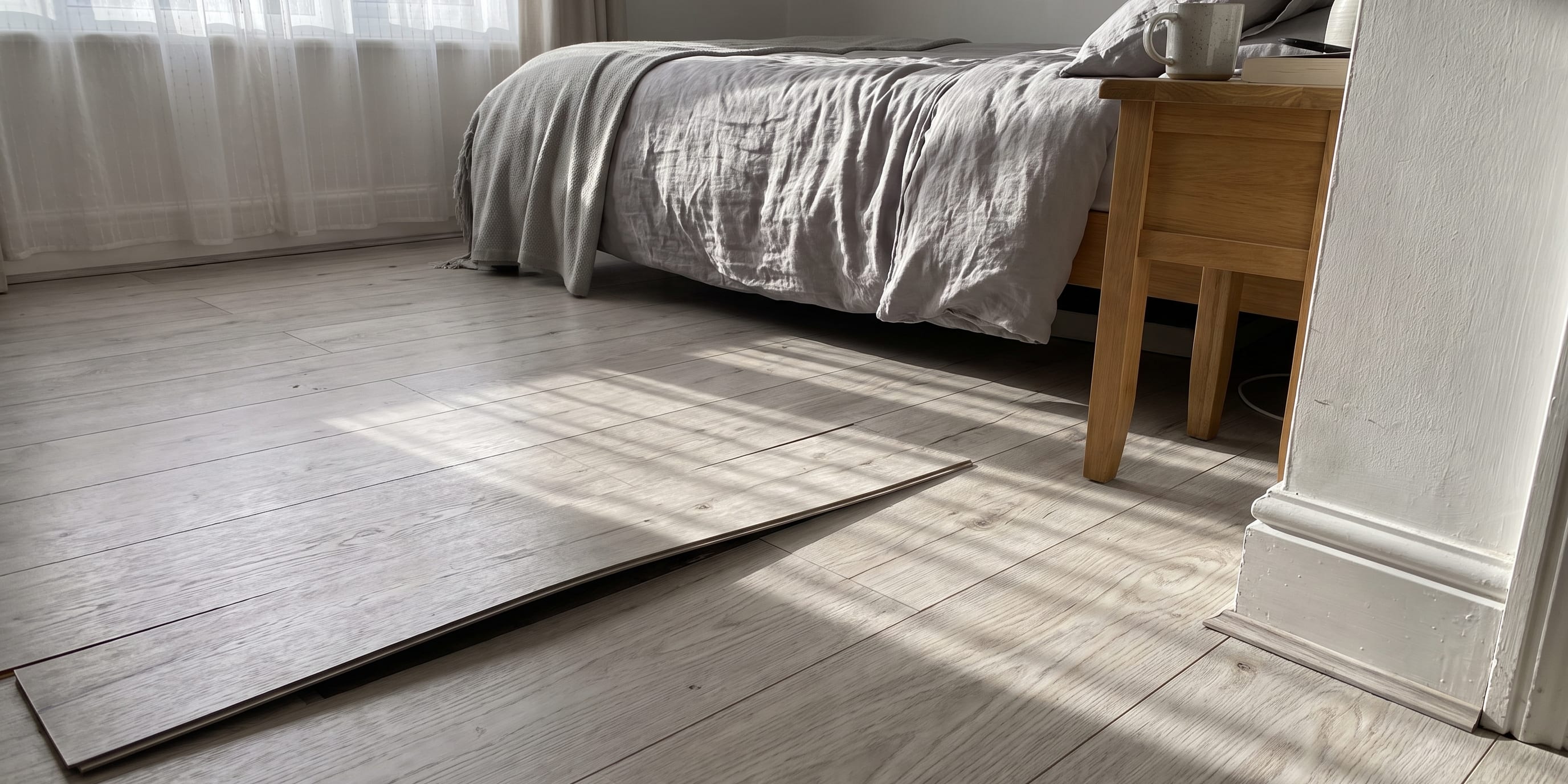 A warped and lifted section of wood-look flooring plank sits in the foreground of a bedroom with a bed, wooden nightstand, and sheer curtained window in the background.