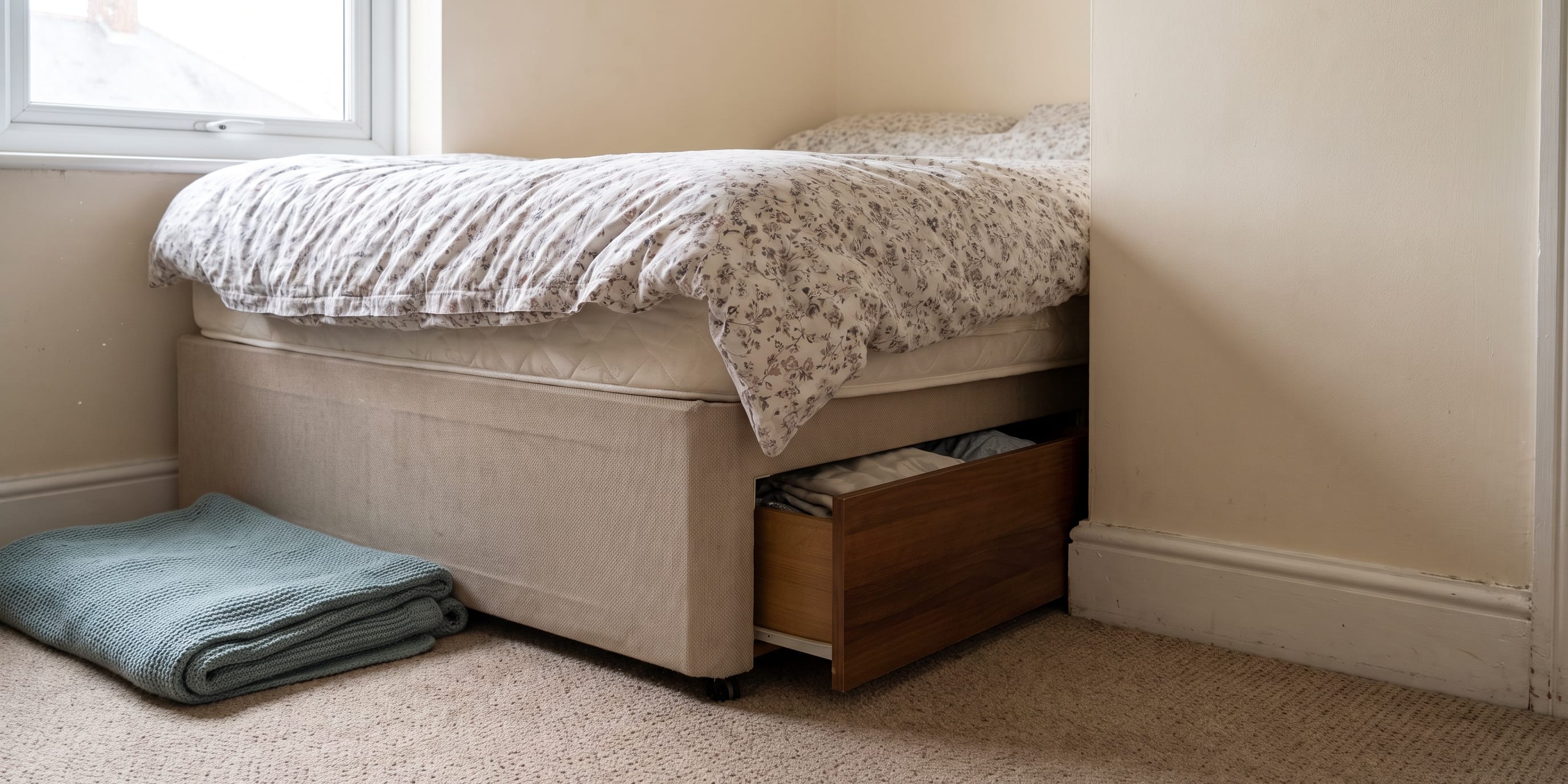 A divan bed with an open storage drawer sits in the corner of a small carpeted bedroom next to a window, with a folded blue blanket on the floor beside it.
